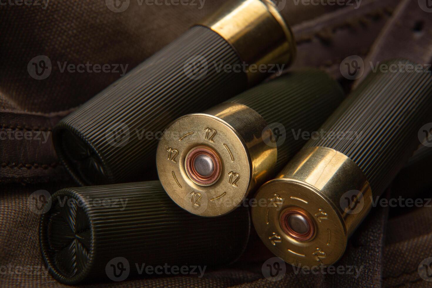 Shotgun shells close-up. Ammunition for smoothbore weapons on a khaki canvas backpack. Dark back photo