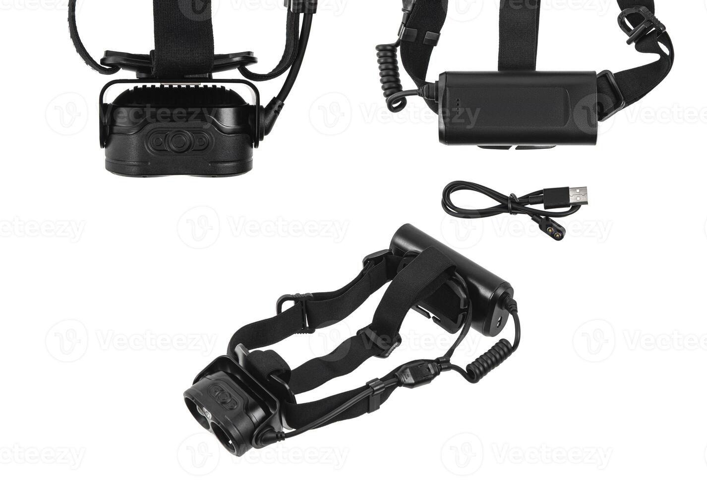 Modern LED headlamp. A flashlight for when you need your hands free. Isolate on a white back photo