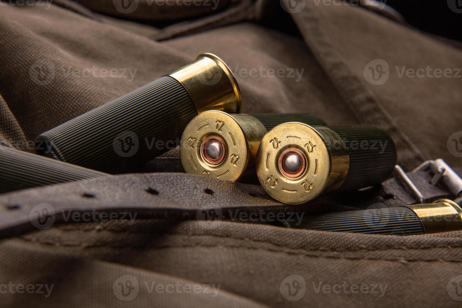 Shotgun shells close-up. Ammunition for smoothbore weapons on a khaki canvas backpack. Dark back photo