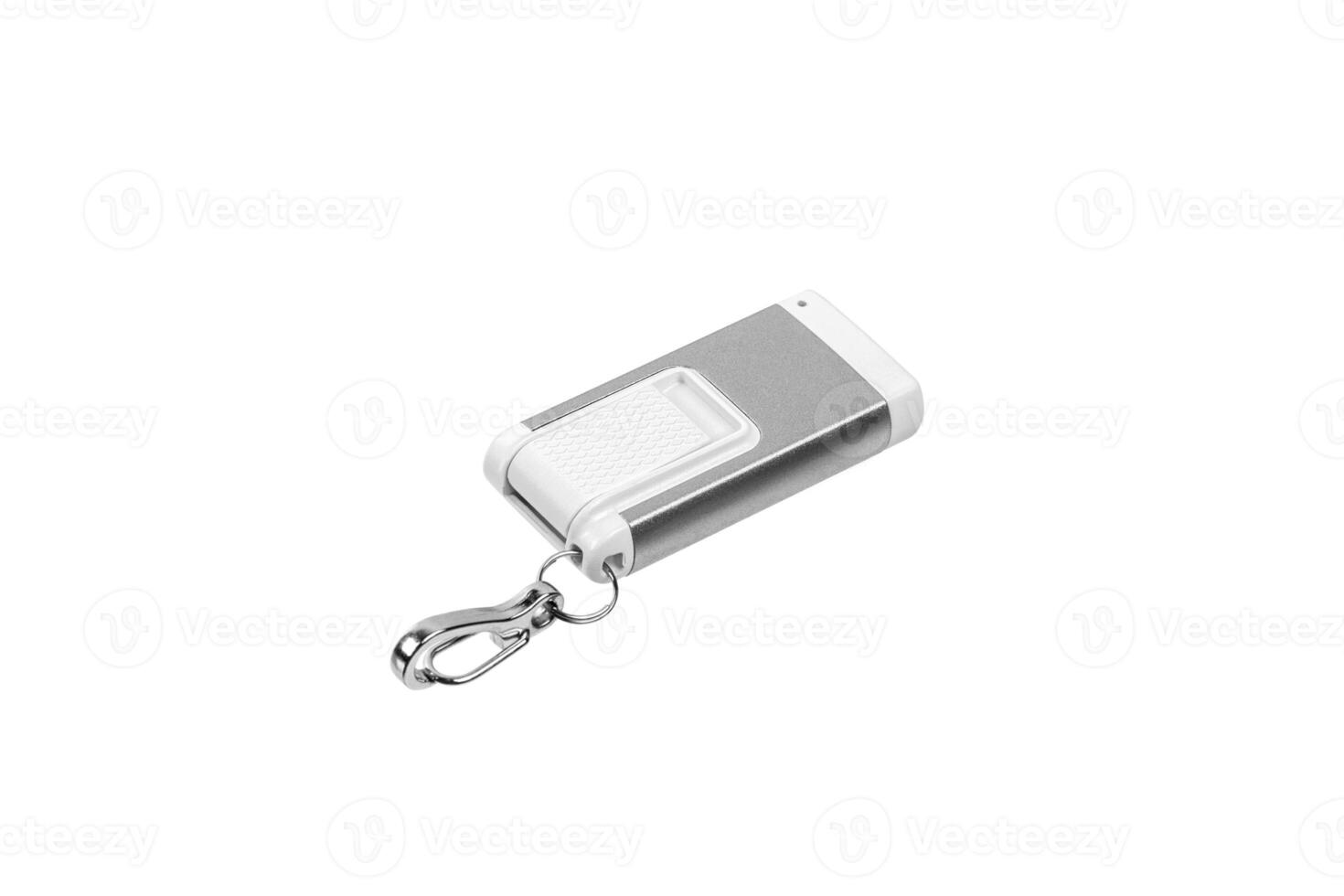 USB flashlight keychain.Metal LED flashlight isolate on a white back. Pocket lamp for dark time of day or dark rooms. photo