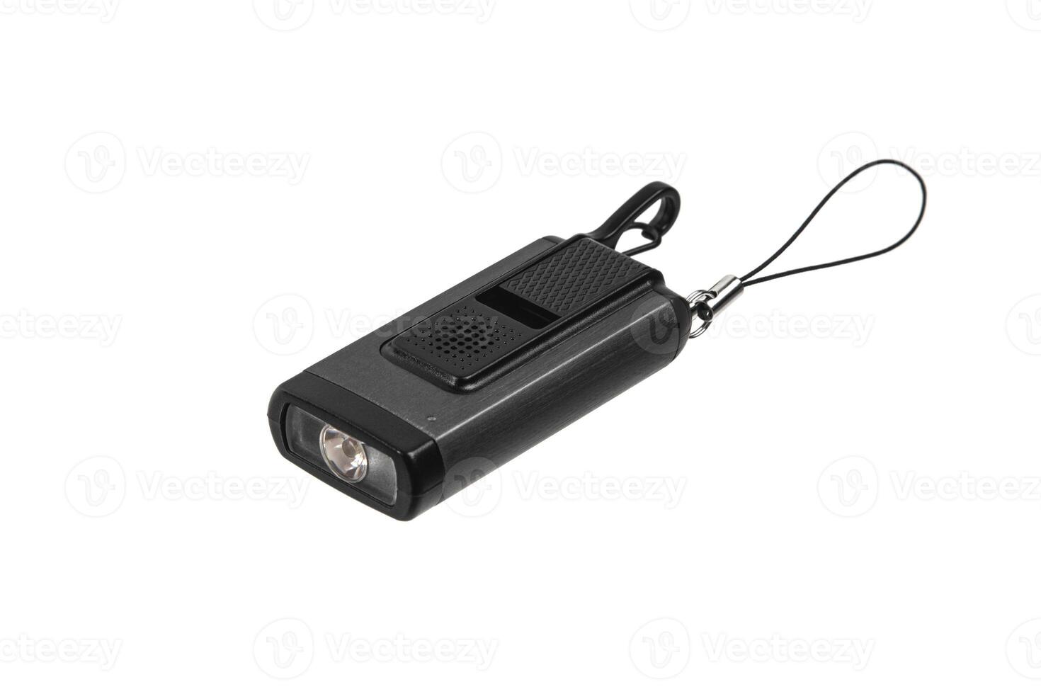 USB flashlight keychain.Metal LED flashlight isolate on a white back. Pocket lamp for dark time of day or dark rooms. photo