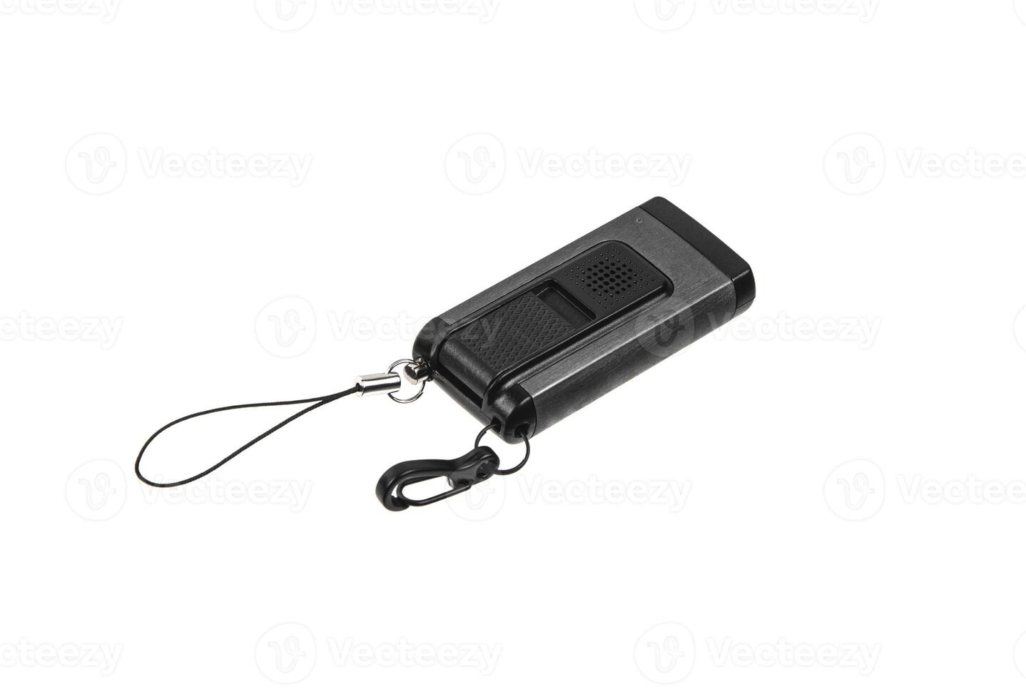 Black metal LED flashlight isolate on a white back. Pocket lamp for dark time of day or dark rooms. photo