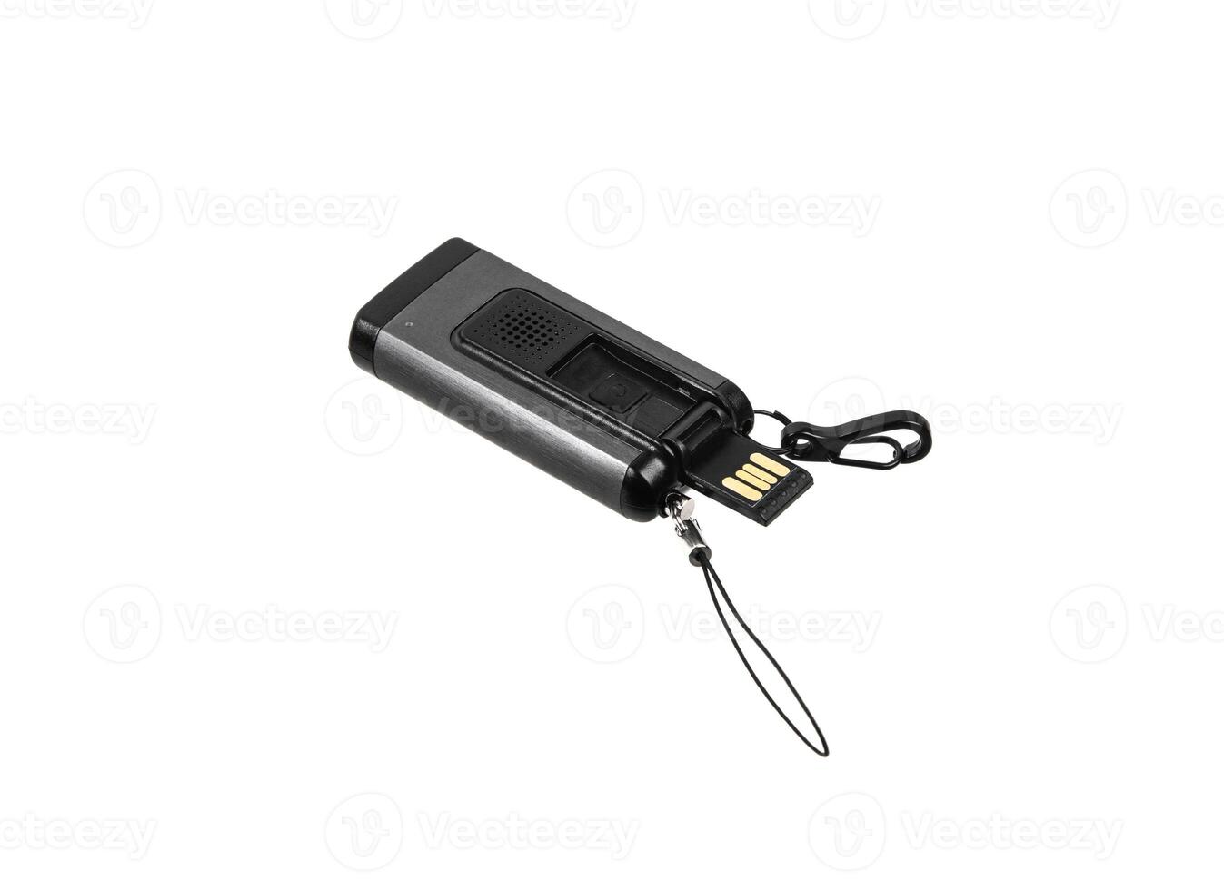 USB flashlight keychain.Metal LED flashlight isolate on a white back. Pocket lamp for dark time of day or dark rooms. photo