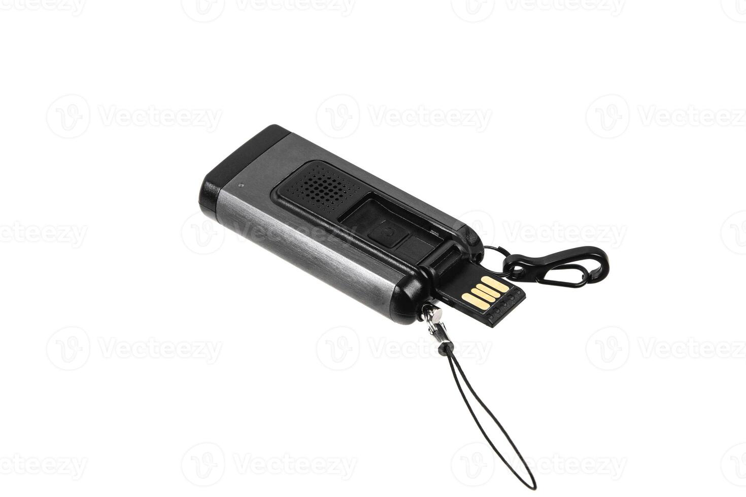 Black metal LED flashlight isolate on a white back. Pocket lamp for dark time of day or dark rooms. photo