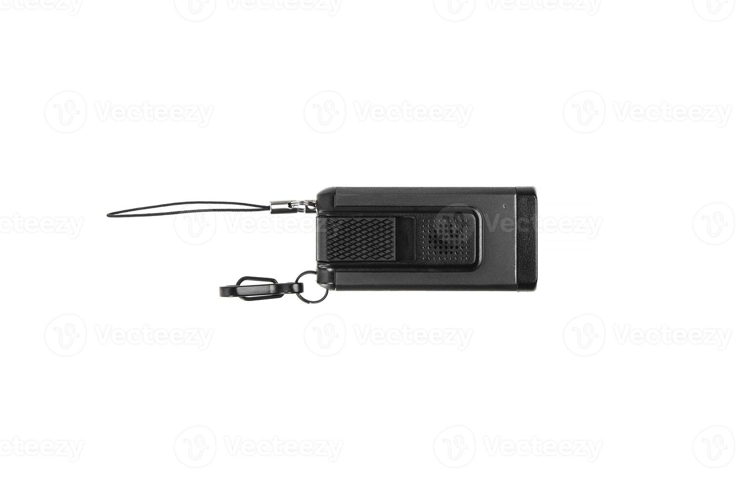 USB flashlight keychain.Metal LED flashlight isolate on a white back. Pocket lamp for dark time of day or dark rooms. photo