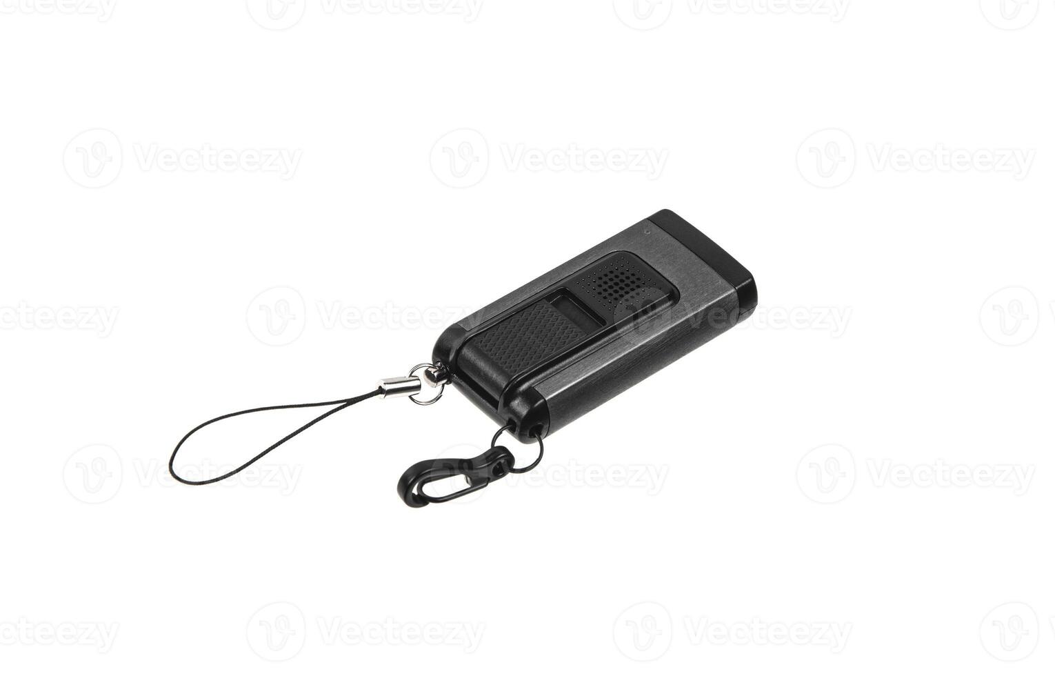 USB flashlight keychain.Metal LED flashlight isolate on a white back. Pocket lamp for dark time of day or dark rooms. photo