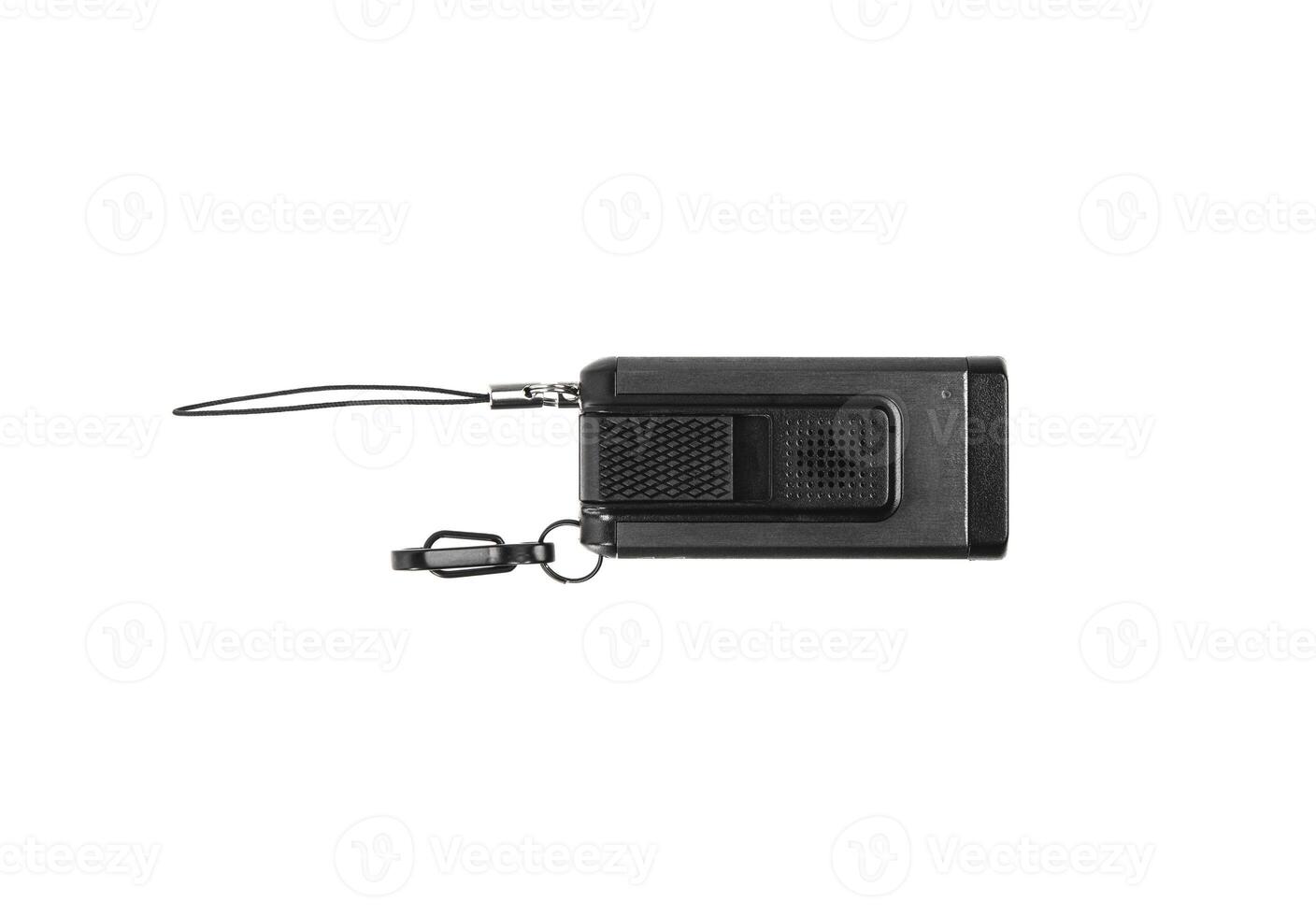 Black metal LED flashlight isolate on a white back. Pocket lamp for dark time of day or dark rooms. photo