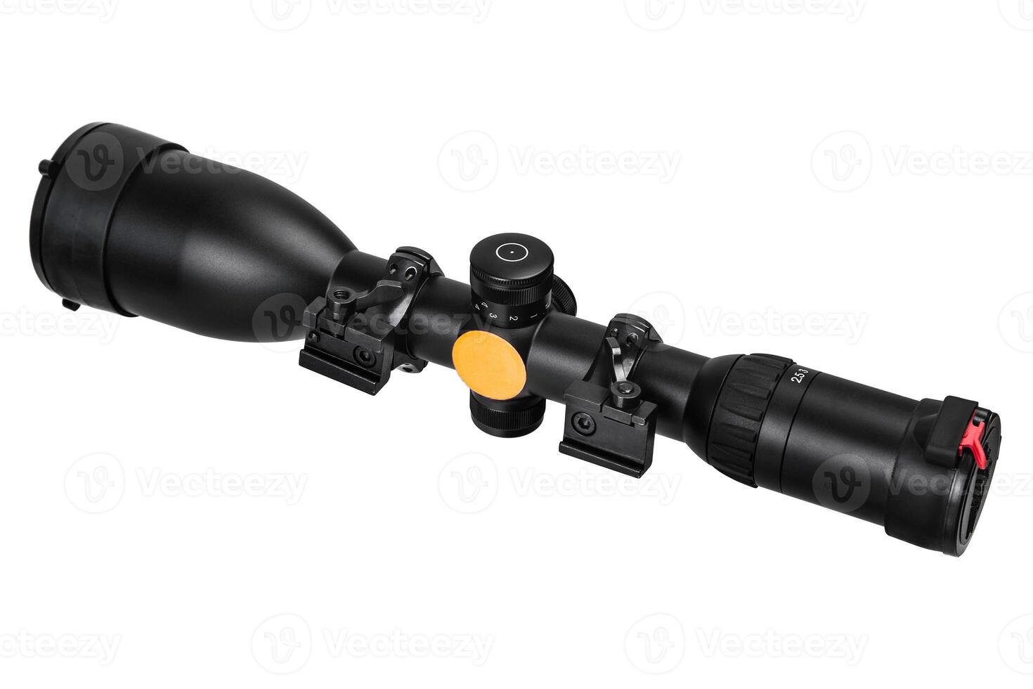 modern black optical scope for weapon isolated on whited. sight scope isolated on white back. photo