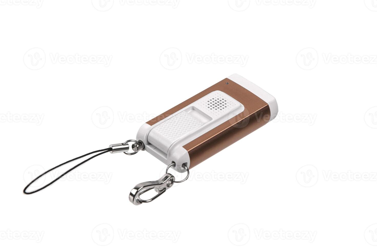 USB flashlight keychain.Metal LED flashlight isolate on a white back. Pocket lamp for dark time of day or dark rooms. photo