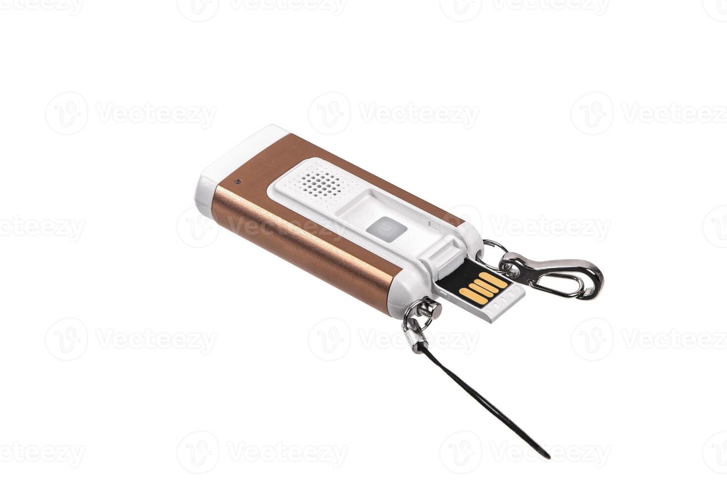 USB flashlight keychain.Metal LED flashlight isolate on a white back. Pocket lamp for dark time of day or dark rooms. photo