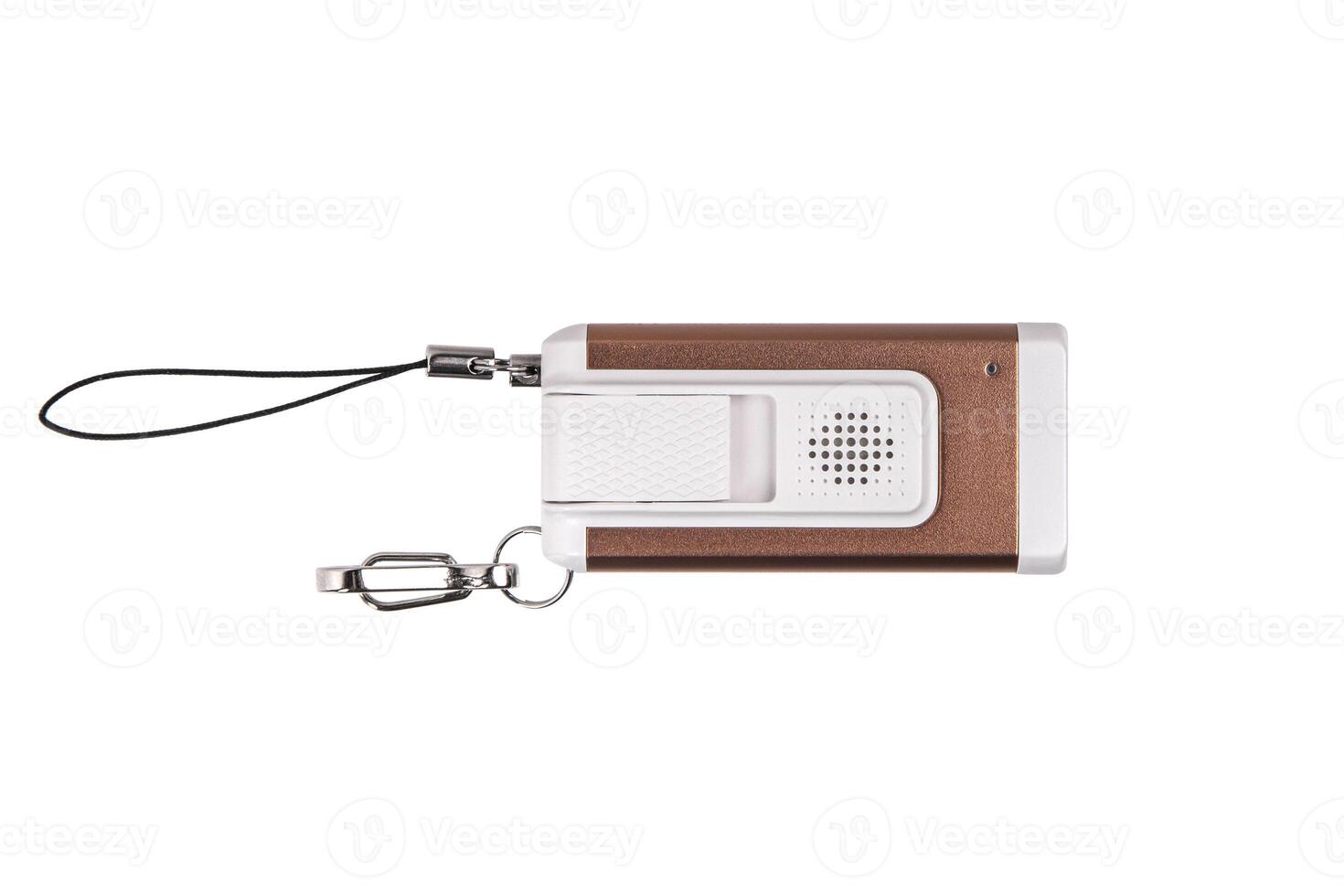 USB flashlight keychain.Metal LED flashlight isolate on a white back. Pocket lamp for dark time of day or dark rooms. photo