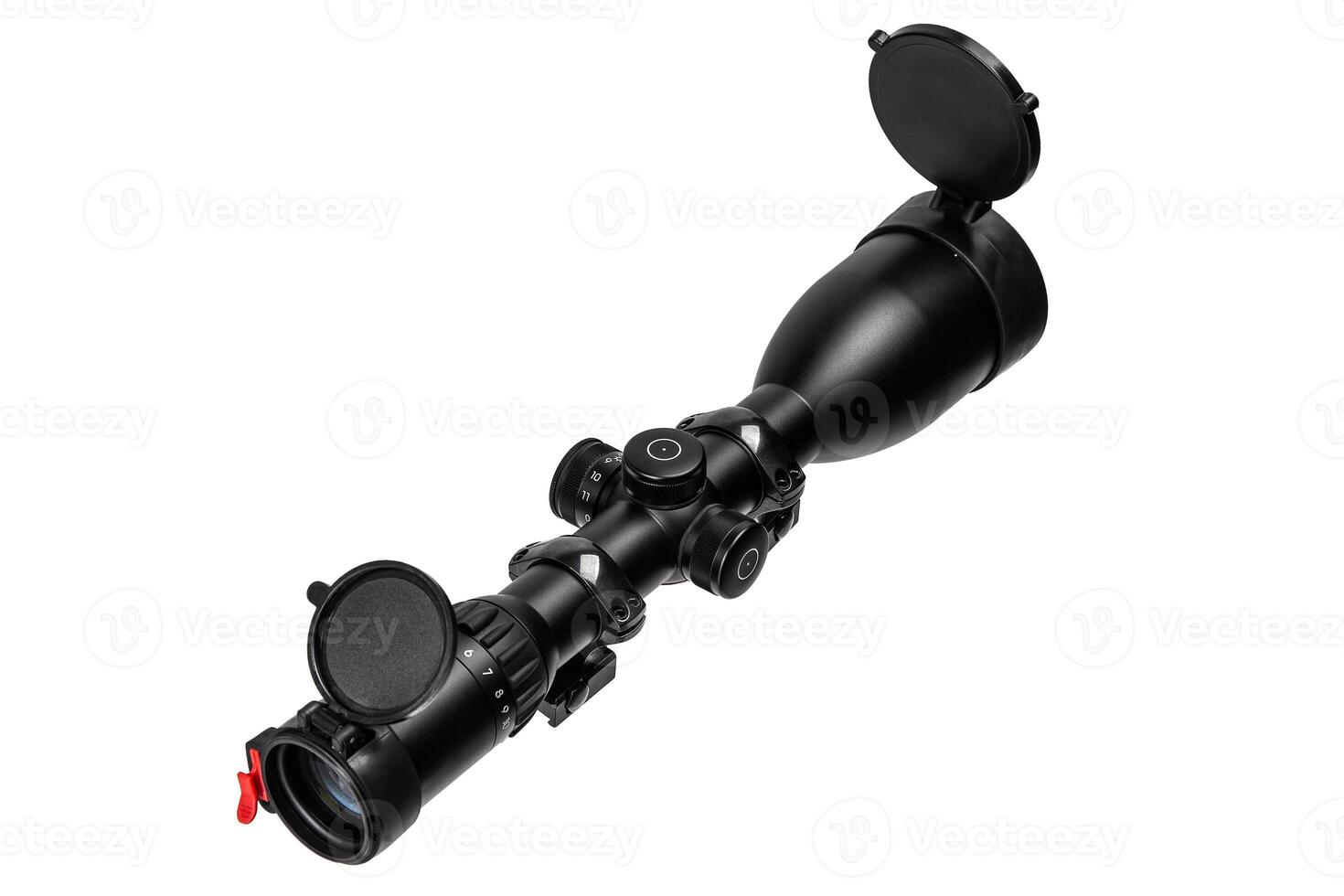 modern black optical scope for weapon isolated on whited. sight scope isolated on white back. photo