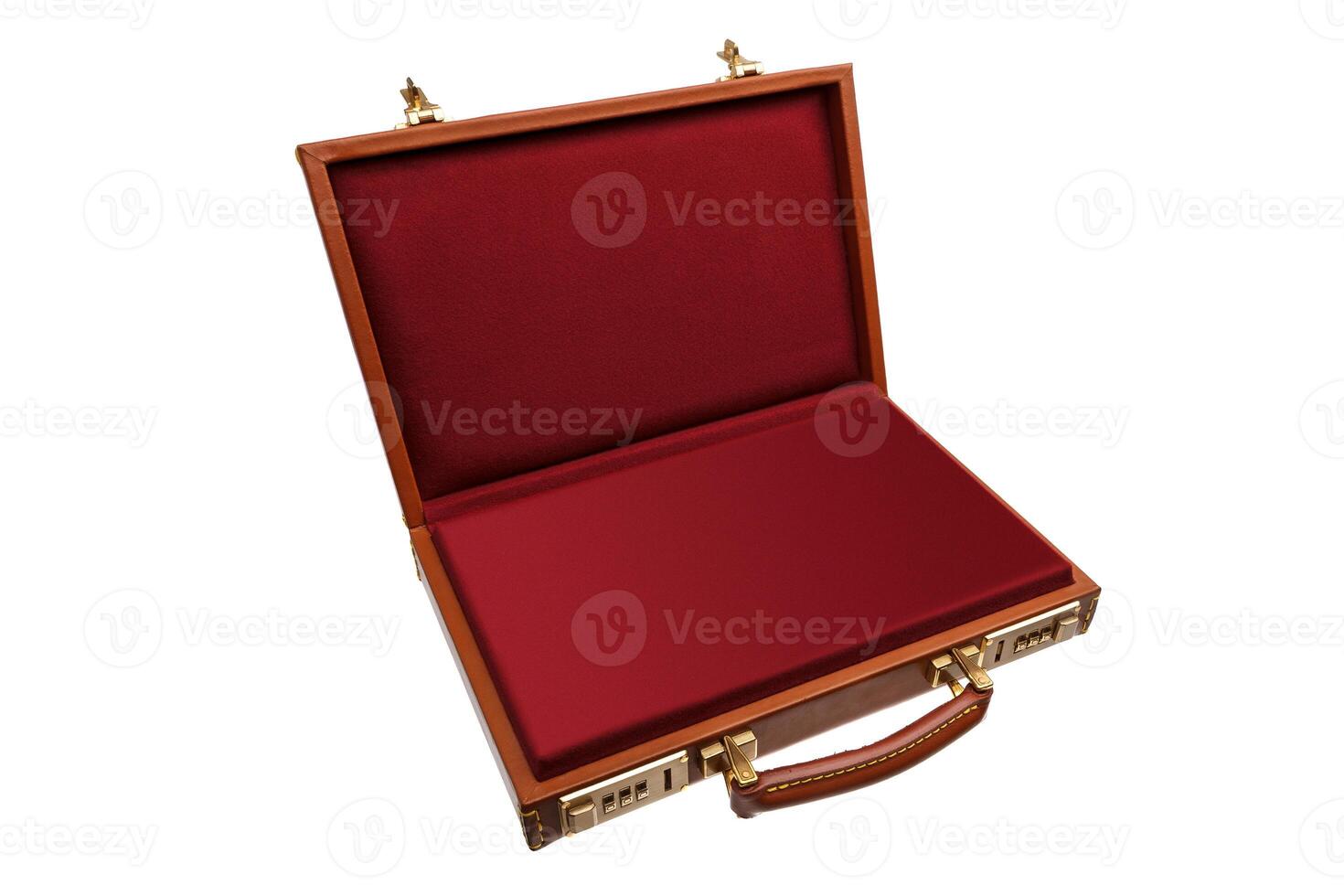 Brown leather suitcase with combination lock and gold locks isolated on white photo