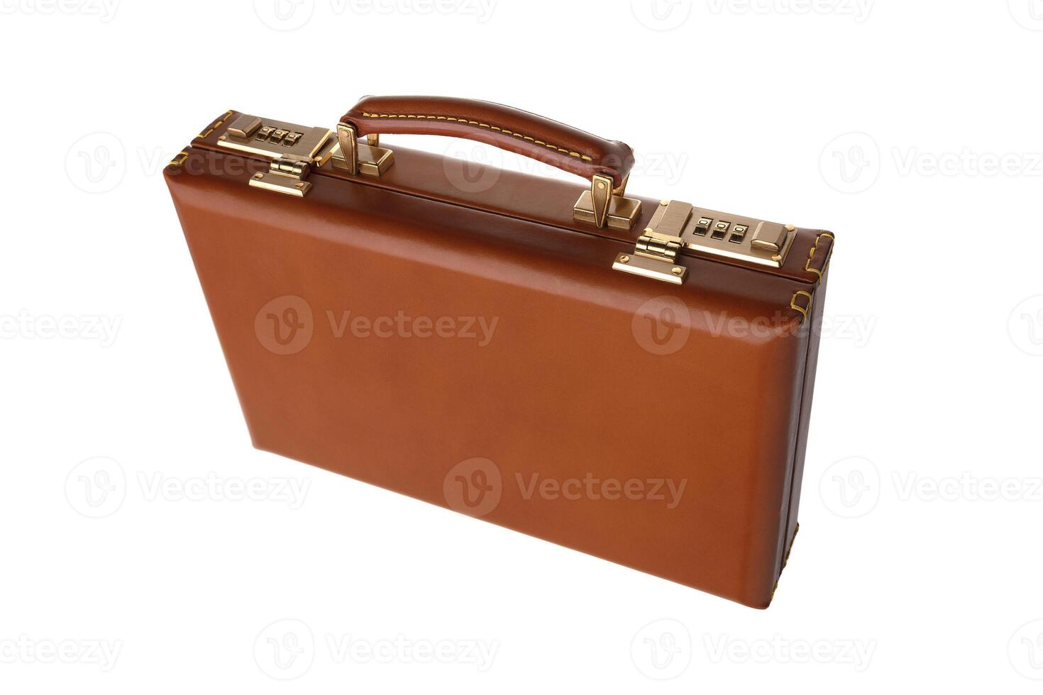 Brown leather suitcase with combination lock and gold locks isolated on white photo