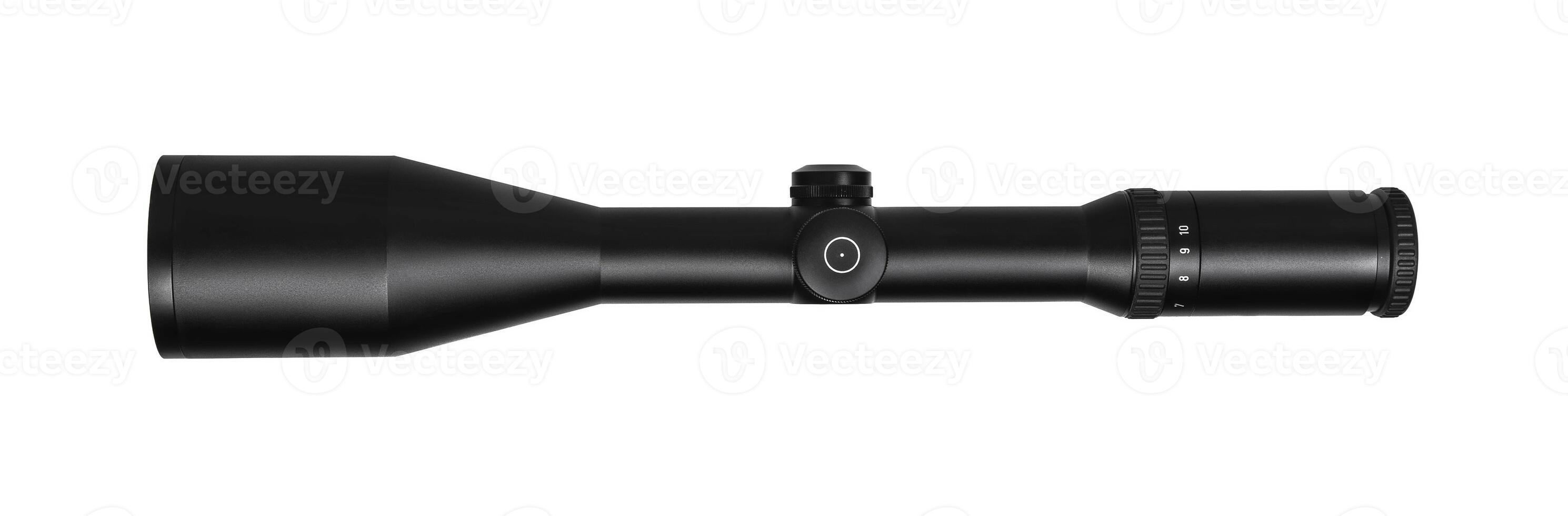 modern black optical scope for weapon isolated on whited. sight scope isolated on white back. photo