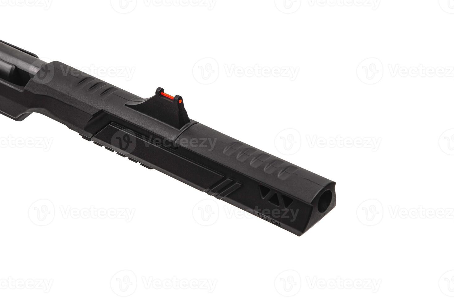 Modern sport air pistol with mechanical sight isolate on white back. Pneumatic guns for grade and entertainment. photo