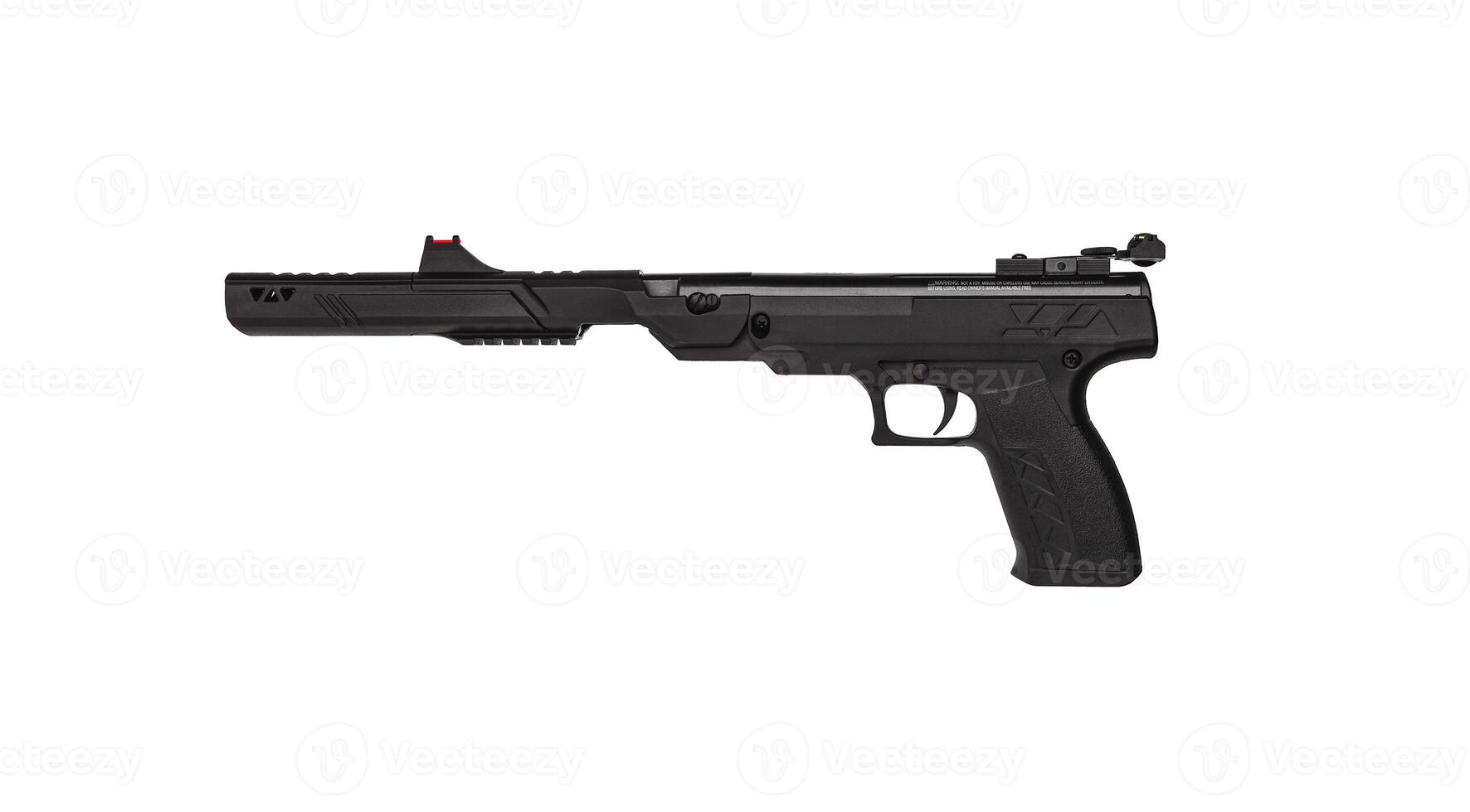 Modern sport air pistol with mechanical sight isolate on white back. Pneumatic guns for grade and entertainment. photo