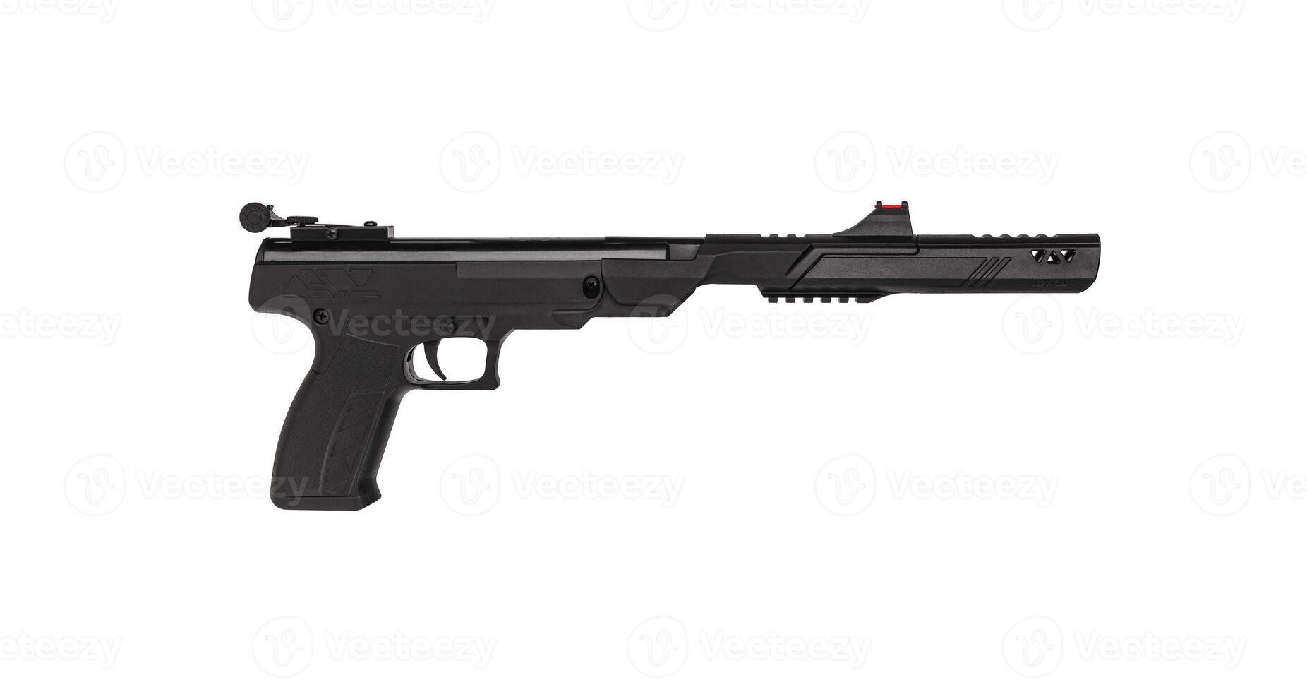 Modern sport air pistol with mechanical sight isolate on white back. Pneumatic guns for grade and entertainment. photo