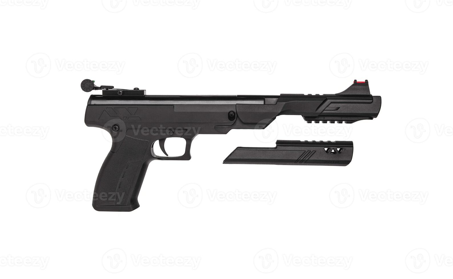 Modern sport air pistol with mechanical sight isolate on white back. Pneumatic guns for grade and entertainment. photo
