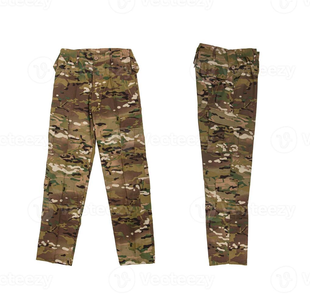 Camouflage military pants. Soldier clothes. Isolate on a white back. photo