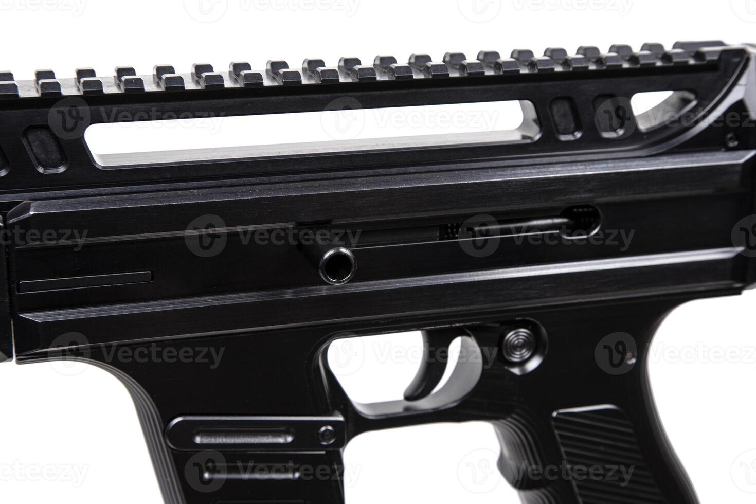 Close-up of the bolt of the carbine. A modern automatic carbine chambered for 9mm pistol caliber. Weapons for the police, army and special units. Isolate on a white back photo