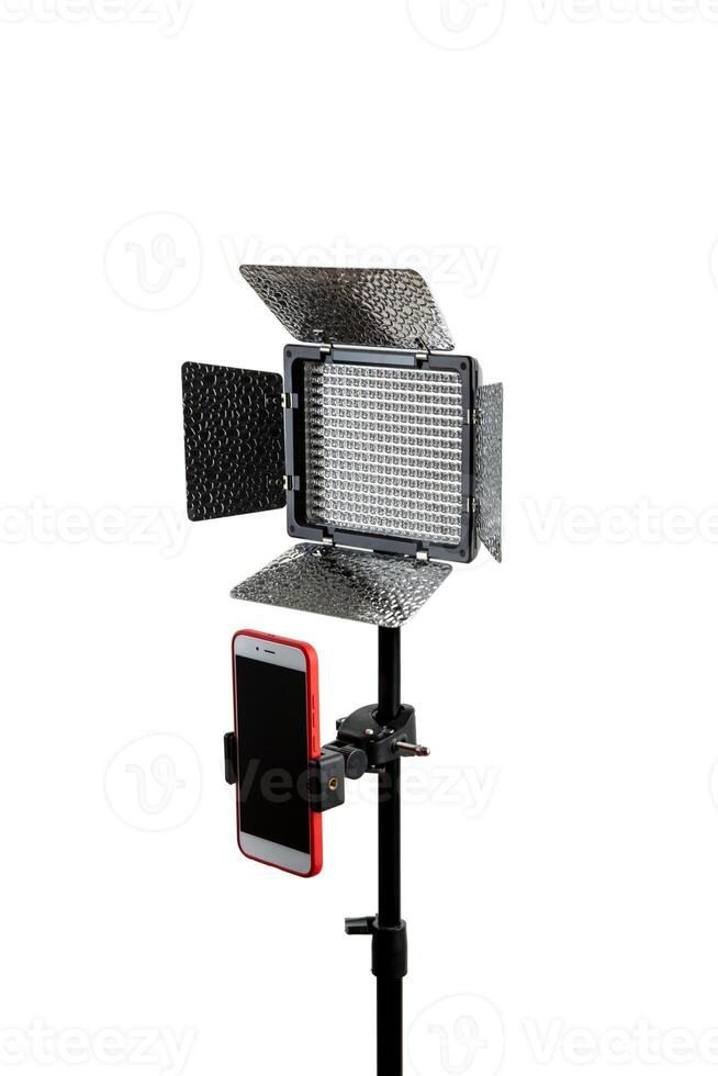 Photo and lamp isolate on white back. LED lamp with special shutters for the formation of light flux. Photo and lighting fixture.