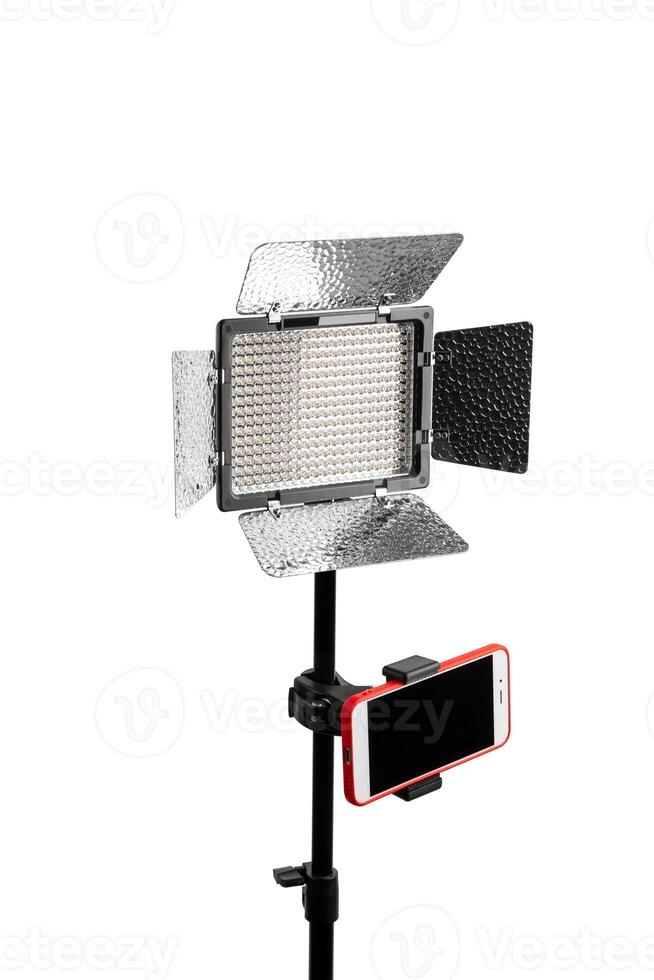 Photo and lamp isolate on white back. LED lamp with special shutters for the formation of light flux. Photo and lighting fixture.