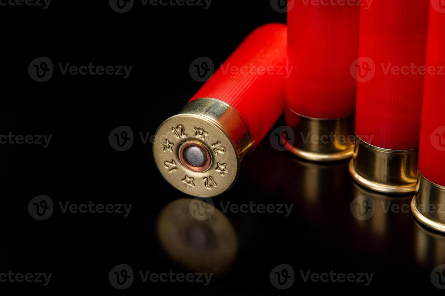 Shotgun shells on a black reflective surface. Ammunition for 12 gauge smoothbore weapons. Hunting ammunition. Dark back. photo