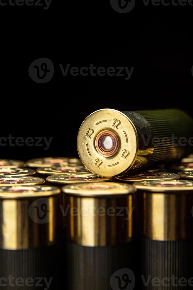Shotgun shells on a black. Ammunition for 12 gauge smoothbore weapons. Hunting ammunition. Dark back. photo