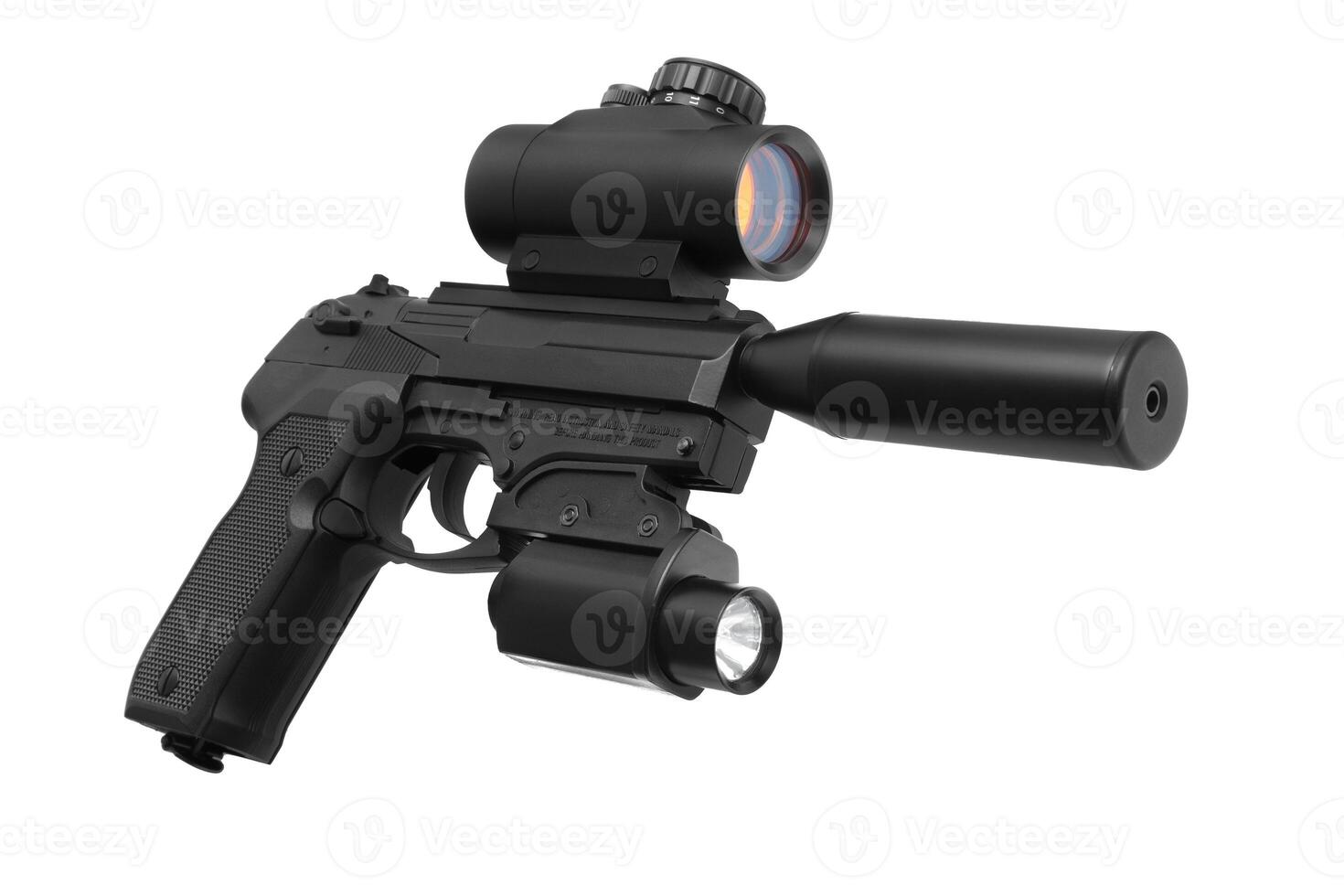 Black modern gun pistol with an optical sight and tactical flashlight isolated on white photo