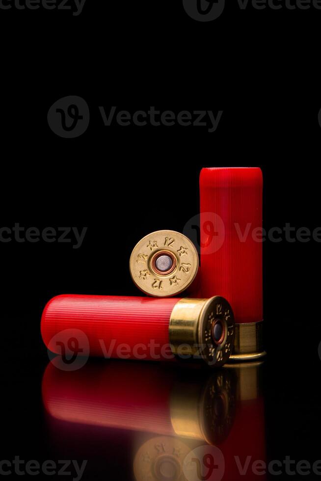 Shotgun shells on a black reflective surface. Ammunition for 12 gauge smoothbore weapons. Hunting ammunition. Dark back. photo