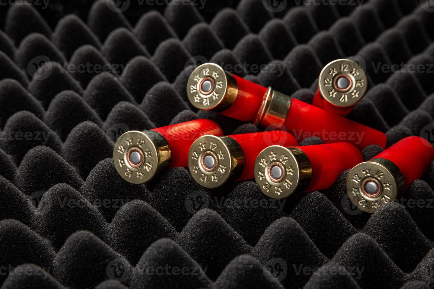 Shotgun shells on foam rubber. Ammunition for 12 gauge smoothbore weapons. Hunting ammunition. Dark back. photo