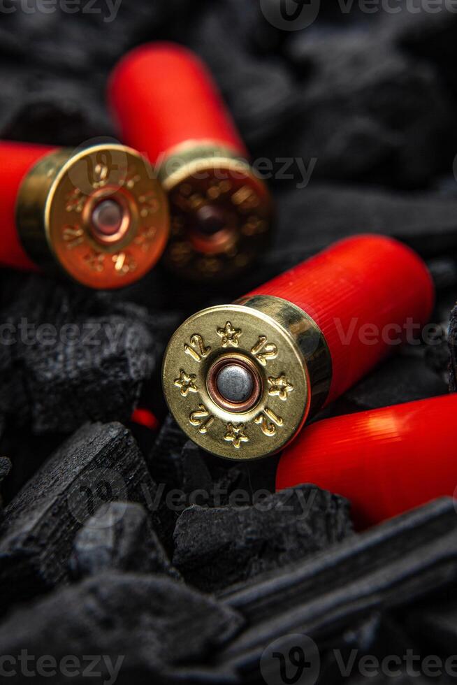 Shotgun cartridges on charcoal. Ammunition for 12 gauge smoothbore weapons. Hunting ammunition. Dark back. photo