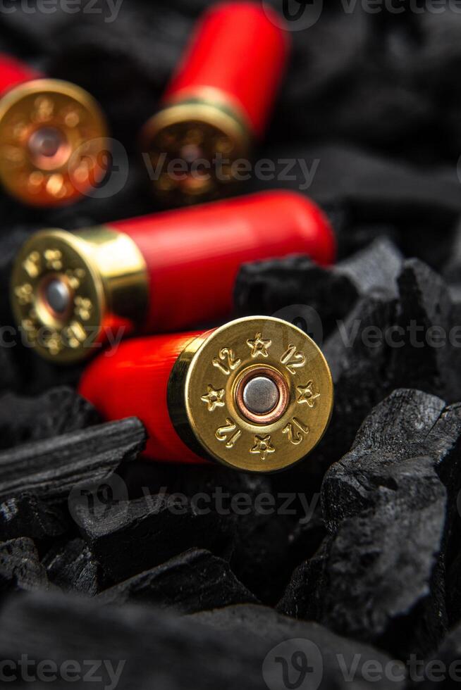 Shotgun cartridges on charcoal. Ammunition for 12 gauge smoothbore weapons. Hunting ammunition. Dark back. photo