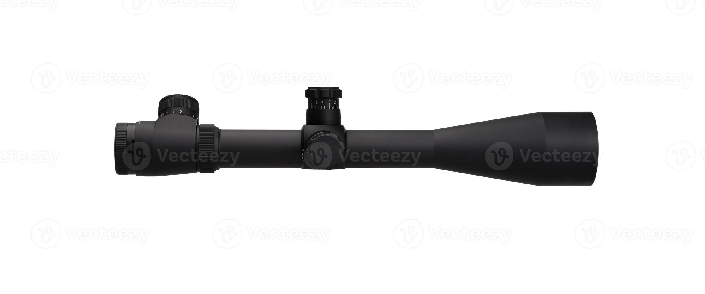 modern black optical scope for weapon isolated on whited. sight scope isolated on white back. photo