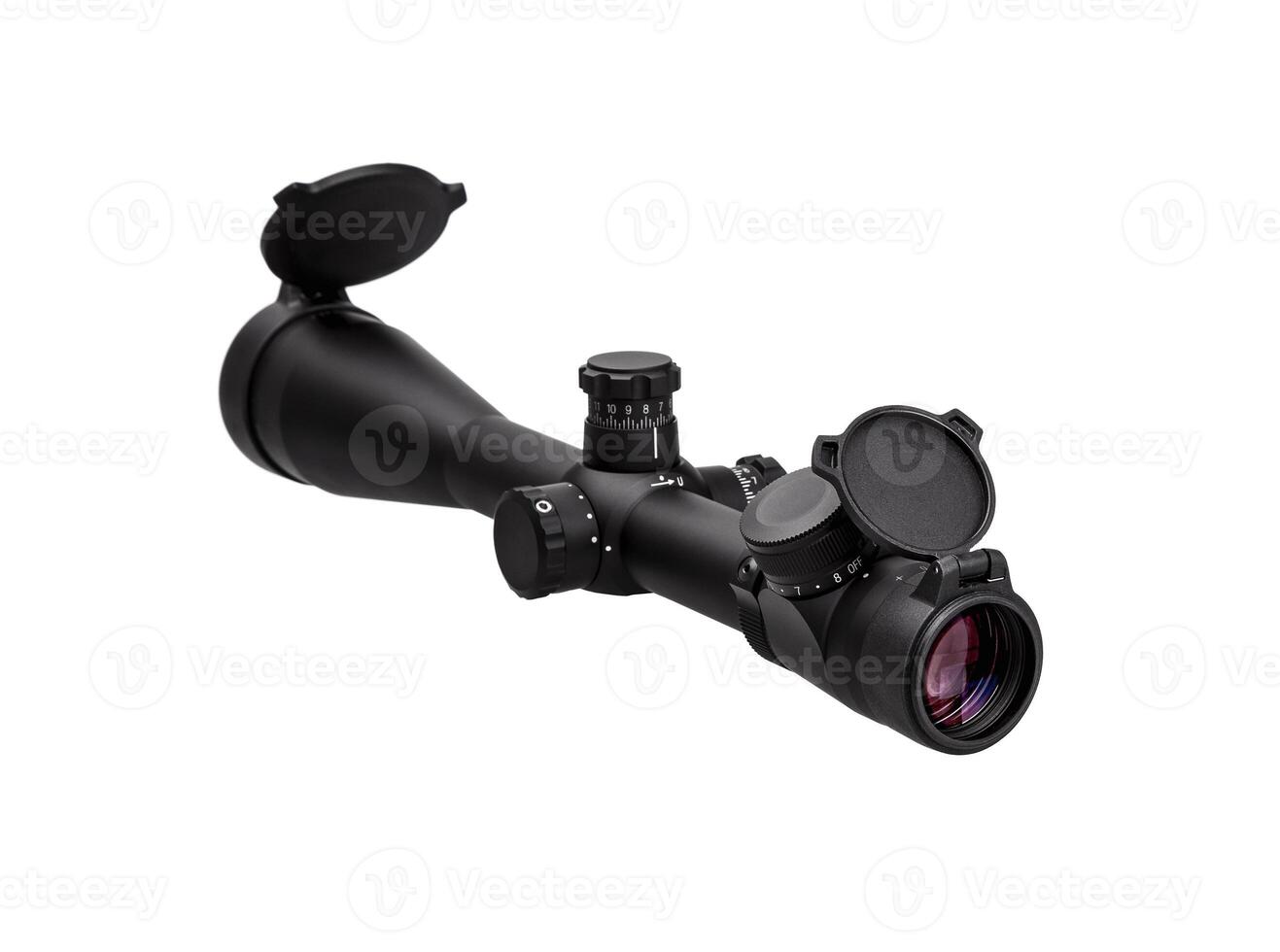 modern black optical scope for weapon isolated on whited. sight scope isolated on white back. photo
