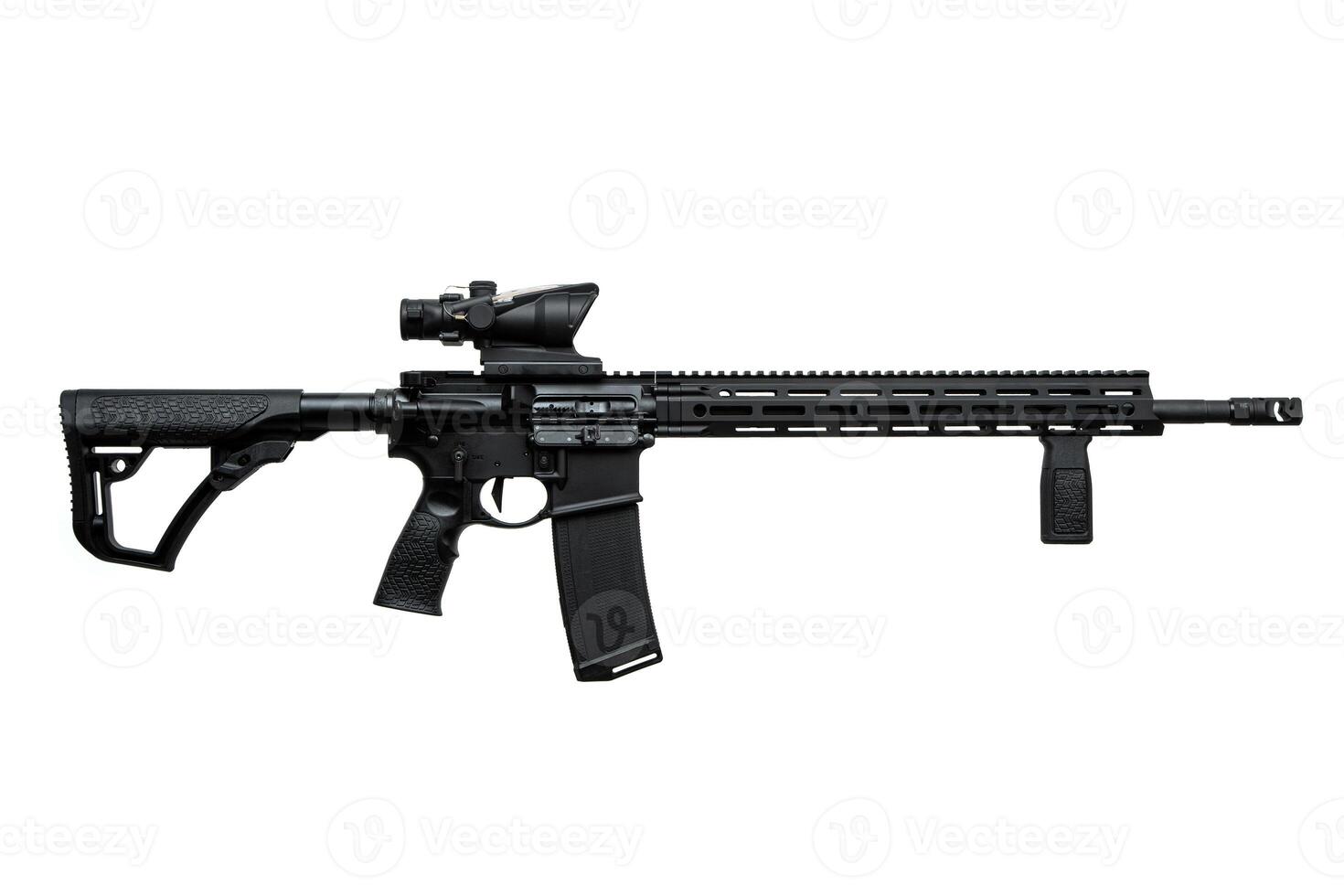 Modern automatic rifle isolated on white background. Weapons for police, special forces and the army. A carbine with red dot sight on a white back photo
