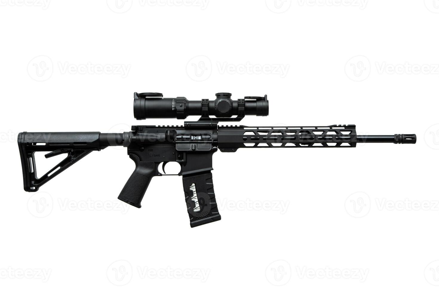 Modern automatic carbine with optical sight. Weapons for police, special forces and the army. Automatic carbine. Assault rifle on white back. Isolate on a white back photo