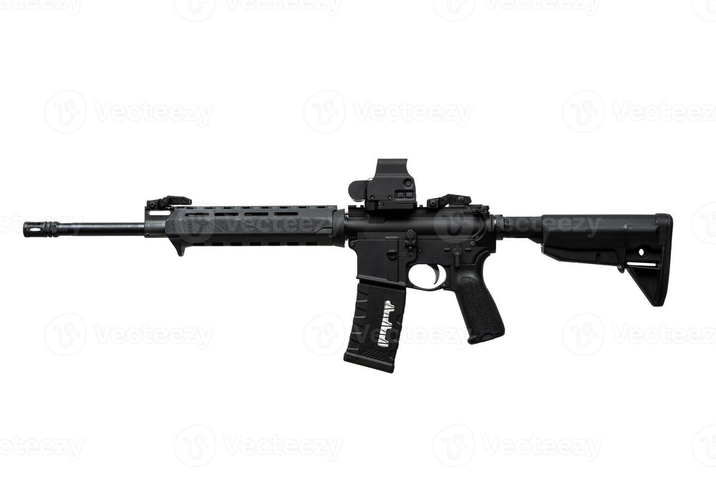 Modern automatic rifle isolated on white background. Weapons for police, special forces and the army. A carbine with red dot sight on a white back photo