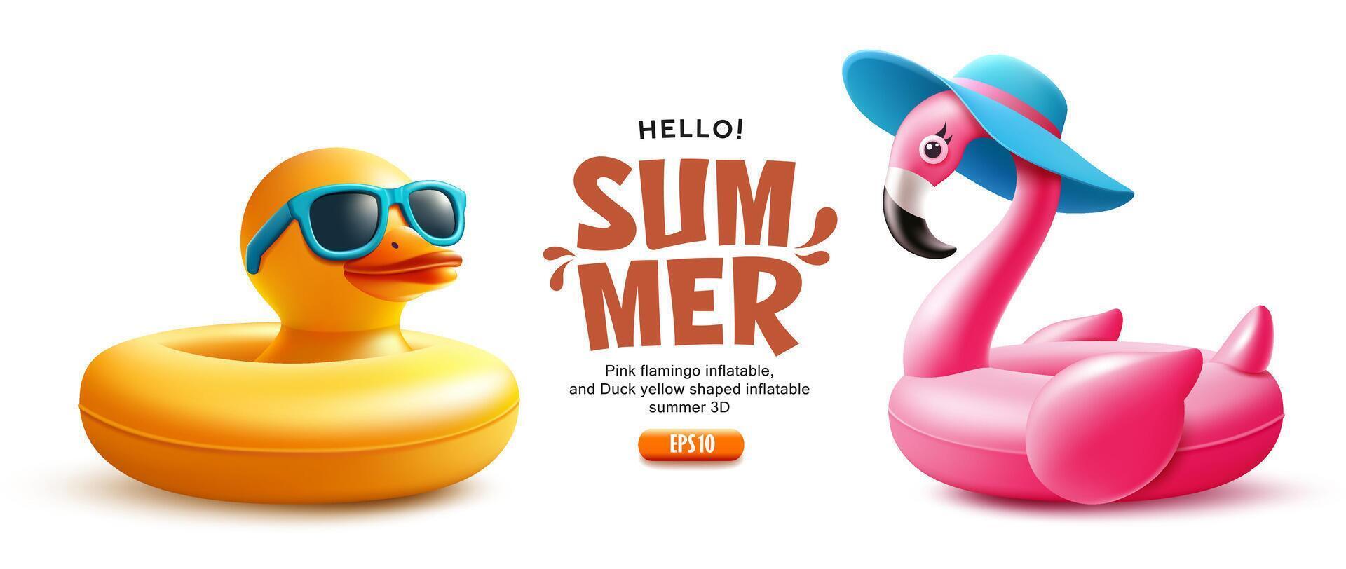 Pink flamingo inflatable, and Duck yellow shaped inflatable, summer 3D realistic isolated on white background vector