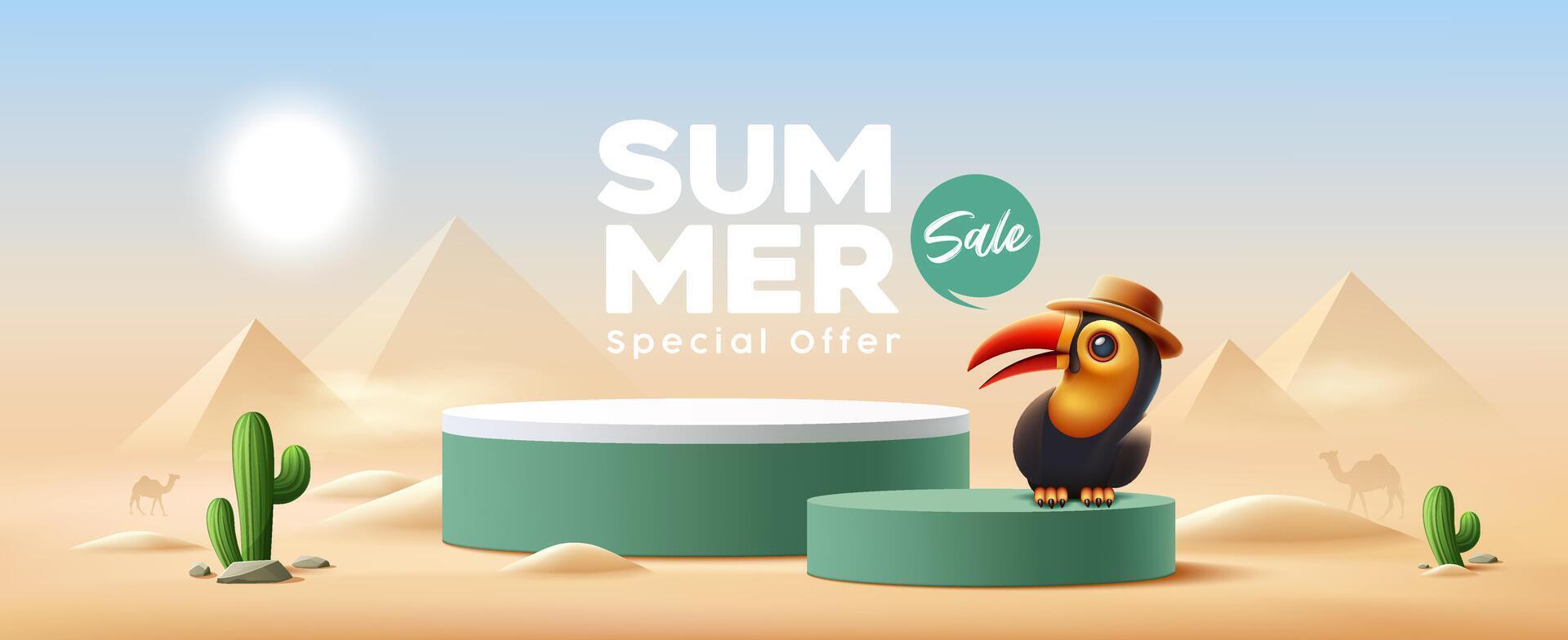 Summer green podium sale, bird say on desert pyramid camel sun shines banner design background vector