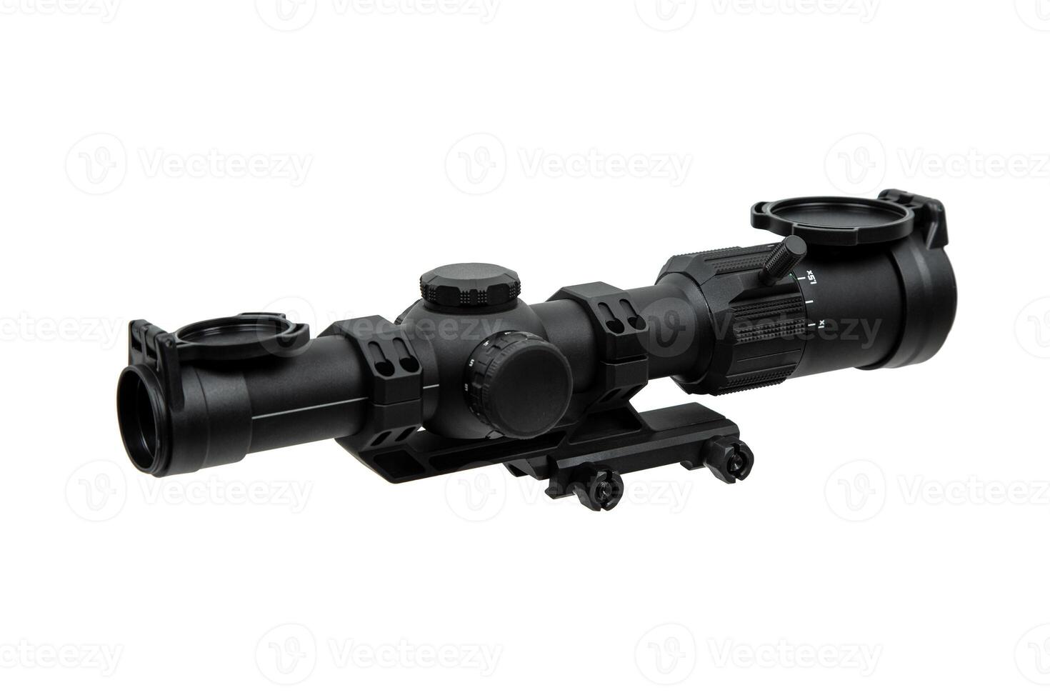 Modern sniper scope on a white back. Optical device for aiming and shooting at long distances. photo