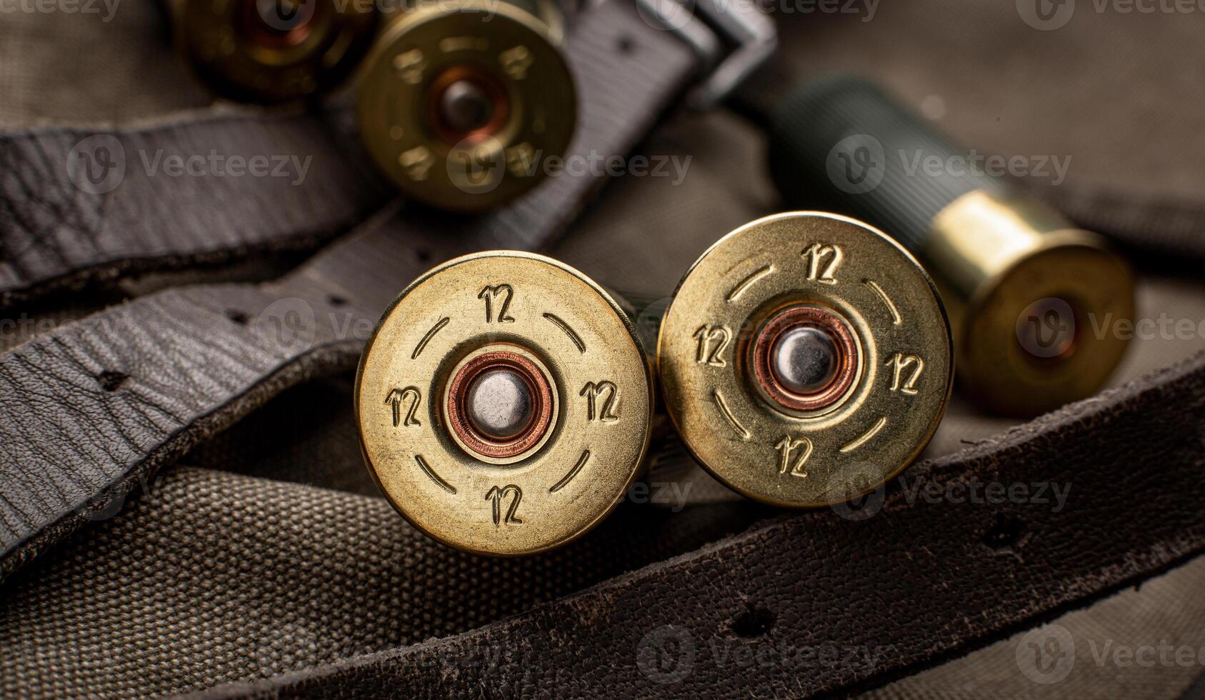 Shotgun shells close-up. Ammunition for smoothbore weapons on a khaki canvas backpack. Dark background. photo