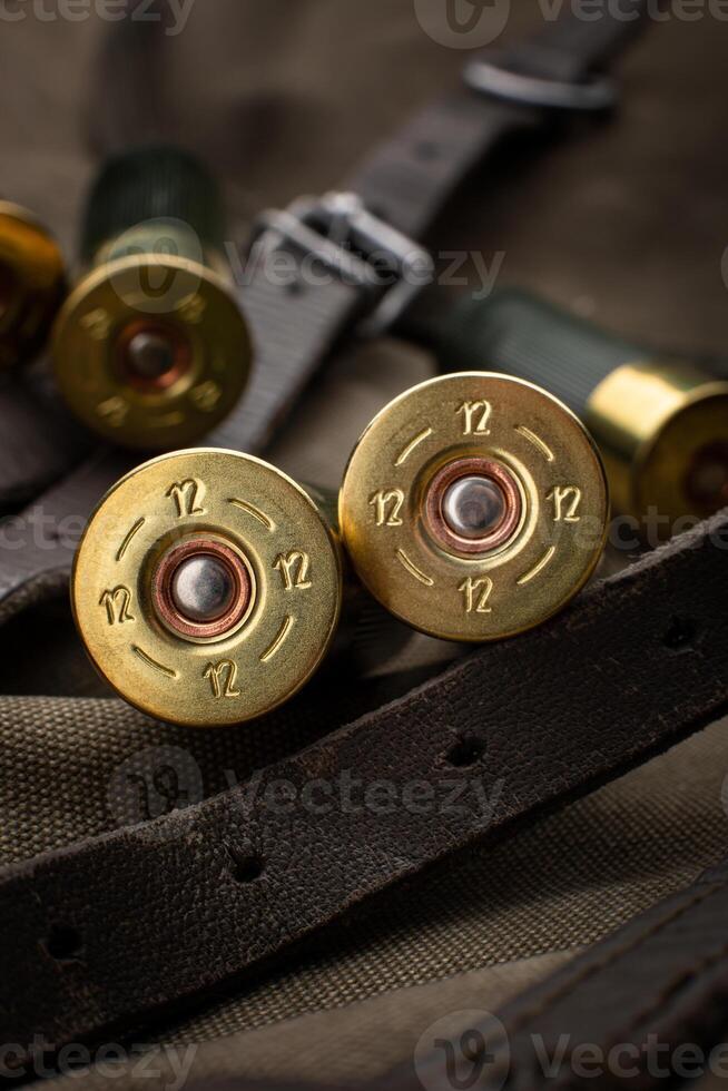 Shotgun shells close-up. Ammunition for smoothbore weapons on a khaki canvas backpack. Dark back. photo