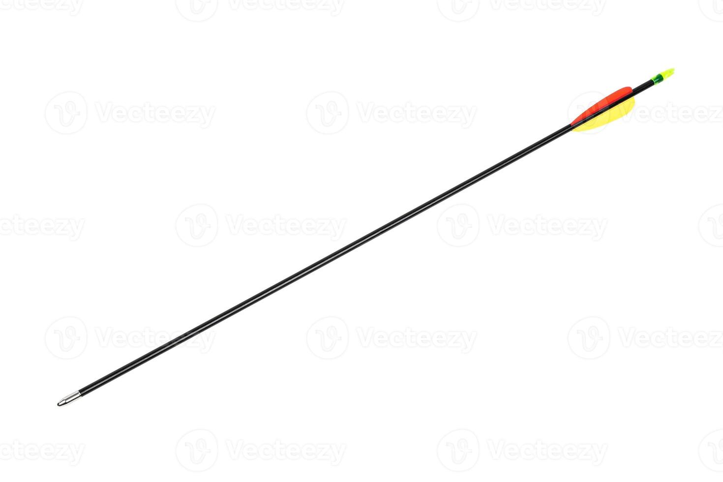 Modern arrow for sport bow isolate on white back. A black arrow with a blunt tip and multicolored plumage. photo