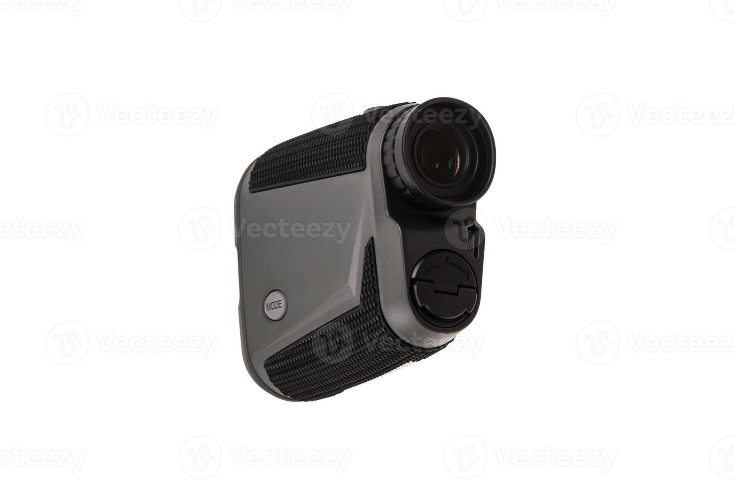 Modern optical range finder isolated on white back. Isolated black plastic rangefinder used for golfing or hunting. photo