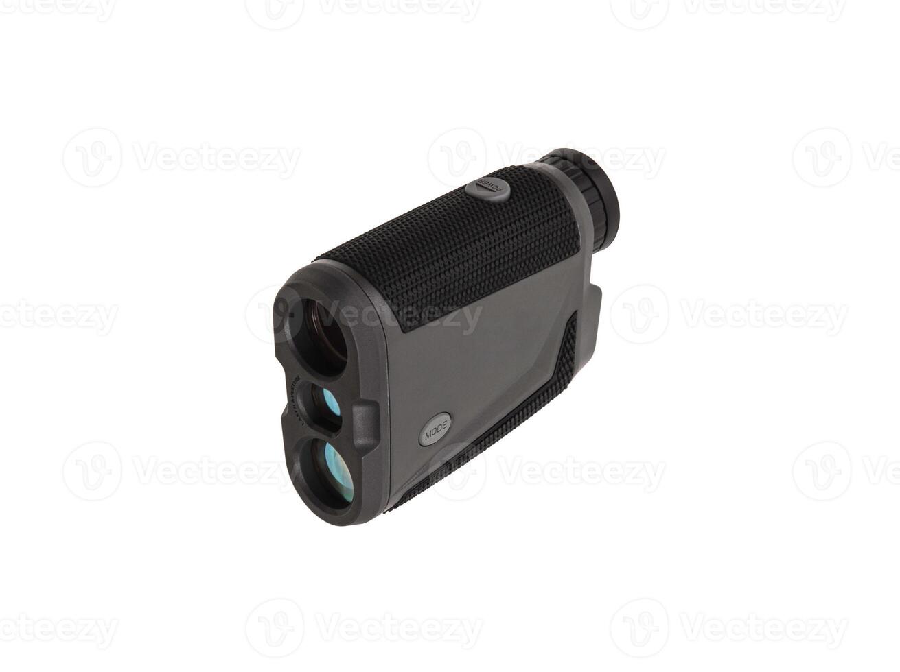 Modern optical range finder isolated on white back. Isolated black plastic rangefinder used for golfing or hunting. photo