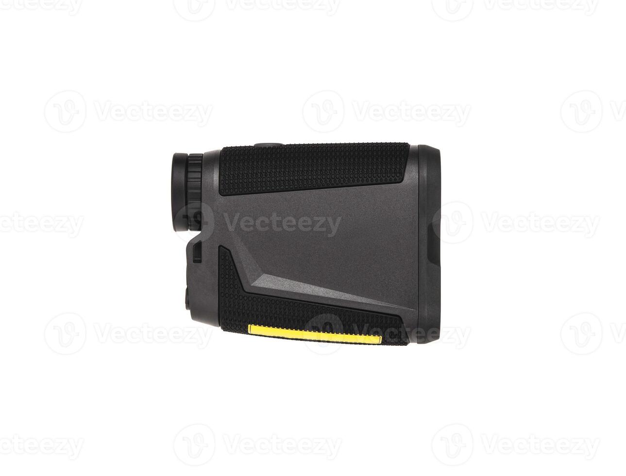 Modern optical range finder isolated on white back. Isolated black plastic rangefinder used for golfing or hunting. photo