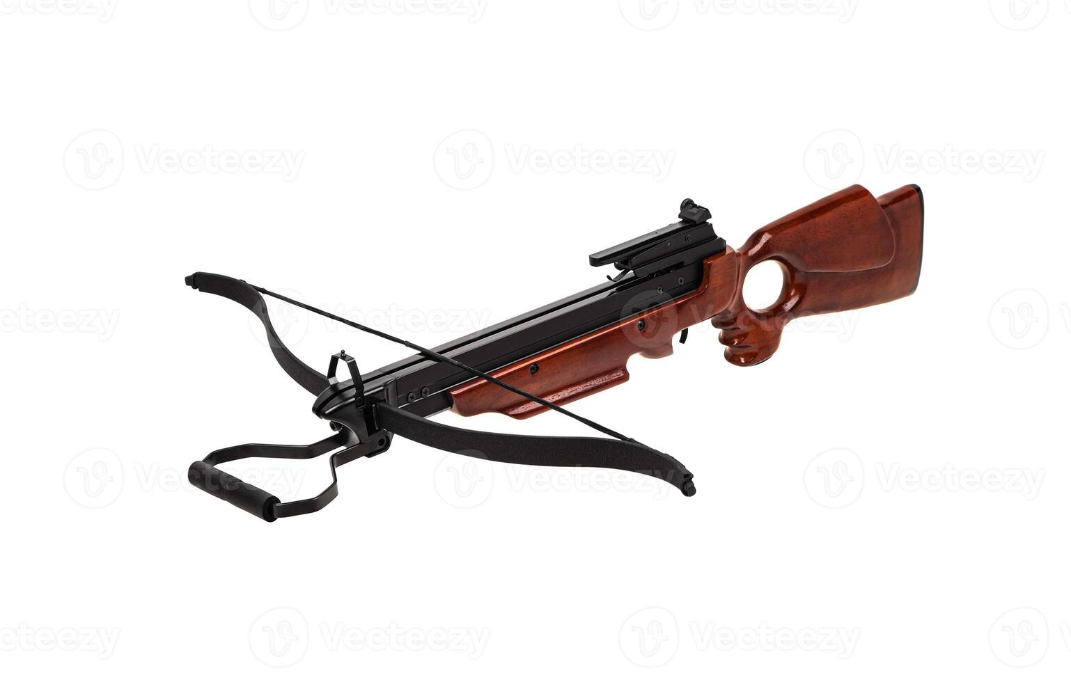 Modern crossbow with a wooden stock. Quiet weapon for hunting and sports. Isolate on a white back. photo