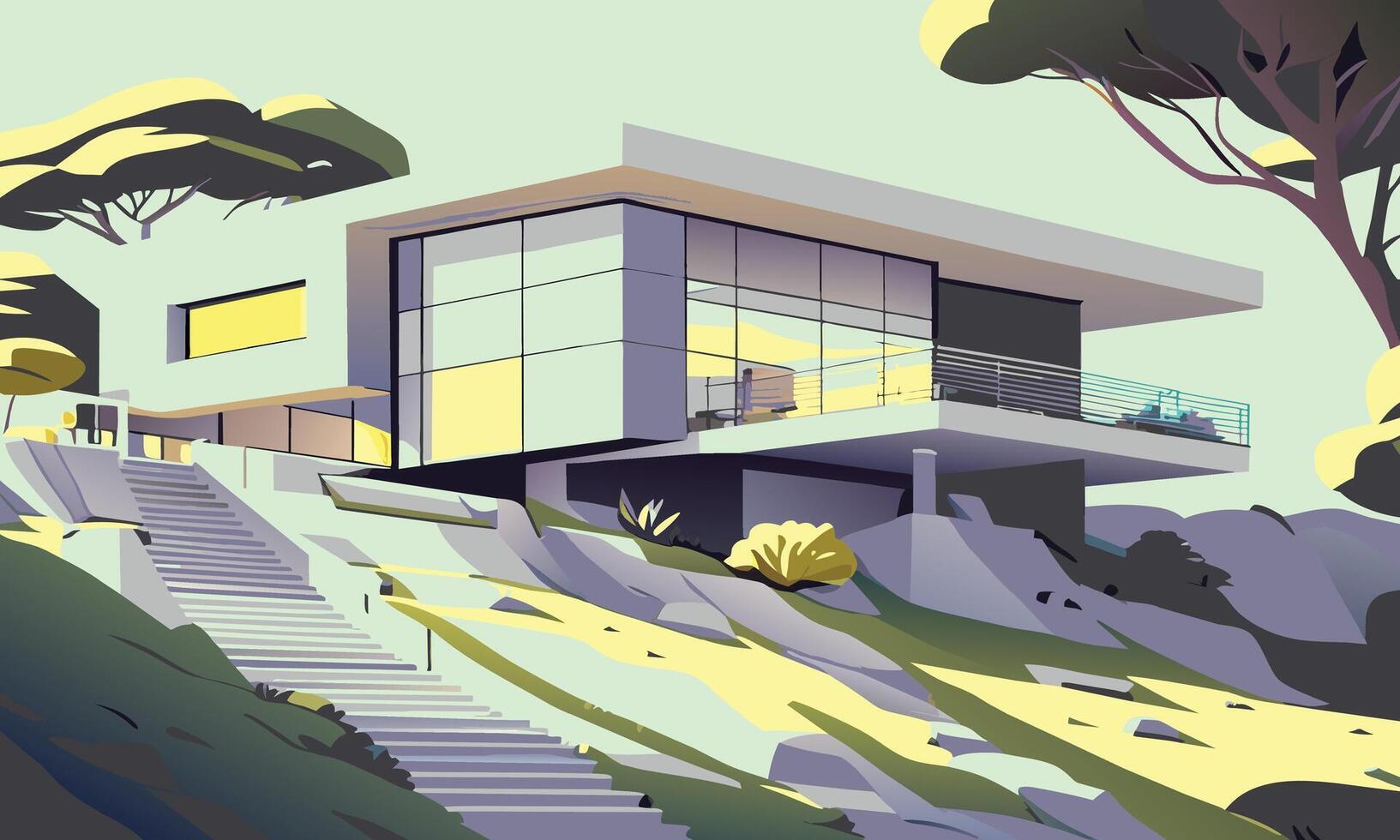 graphics. A landscape in lilac and yellow tones with a modern house in the distance on a cliff vector